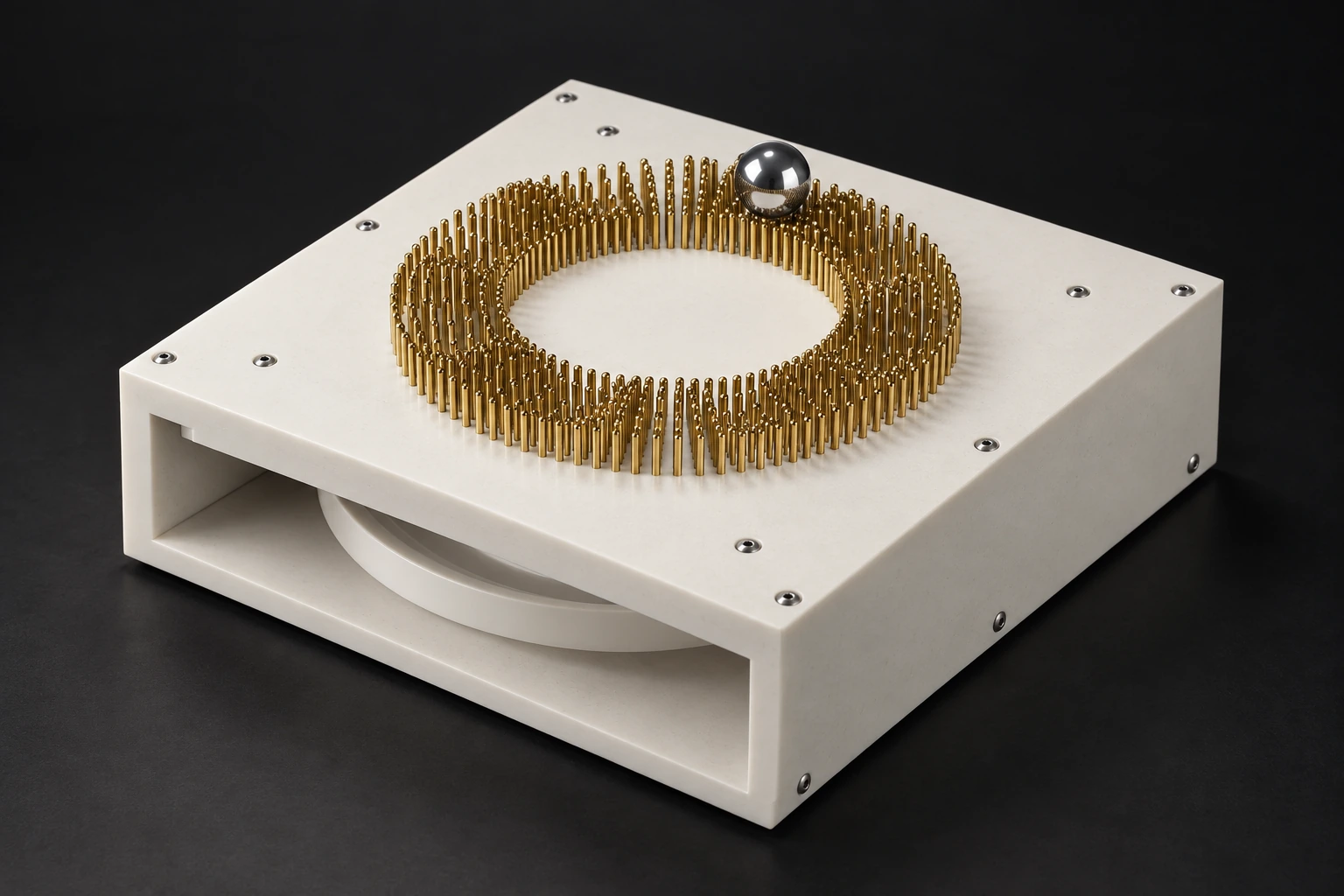 Assembled CREATIO mechanism with a white solid acrylic structure, brass pins and a metallic sphere.